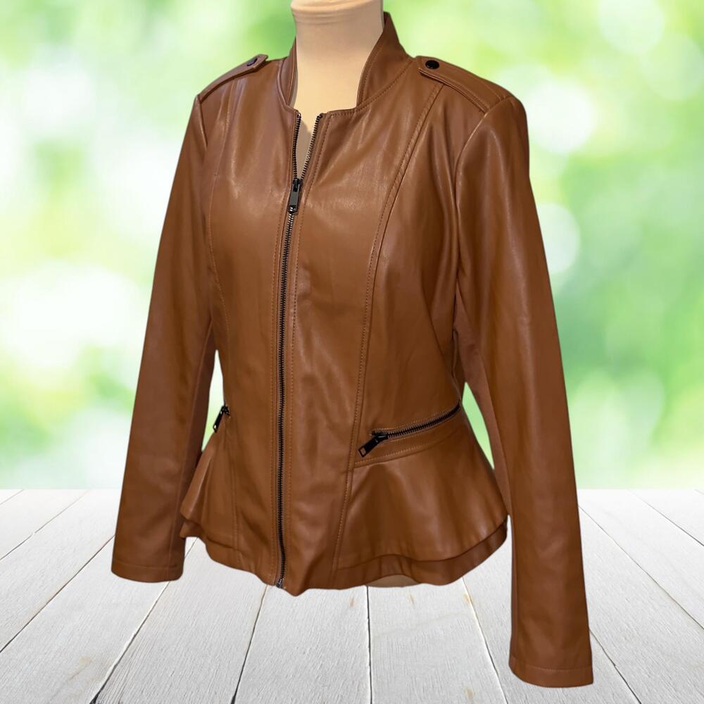 GILI Faux Leather Moto Jacket Peplum Ruffle Zip Front Brown Biker NWOT Womens 12